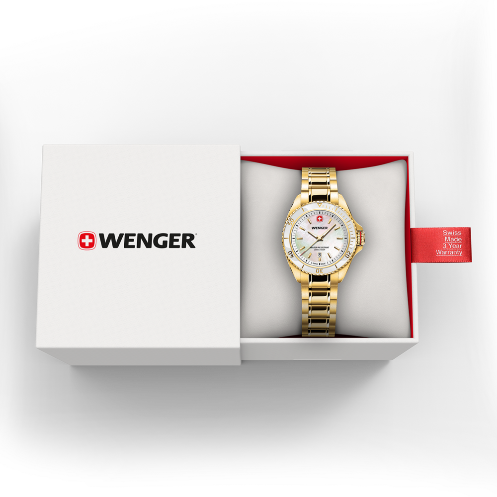 Wenger gold watch with white dial in its box with warranty tag.