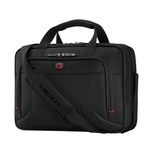 Black briefcase with shoulder strap and red accent, Wenger logo visible.