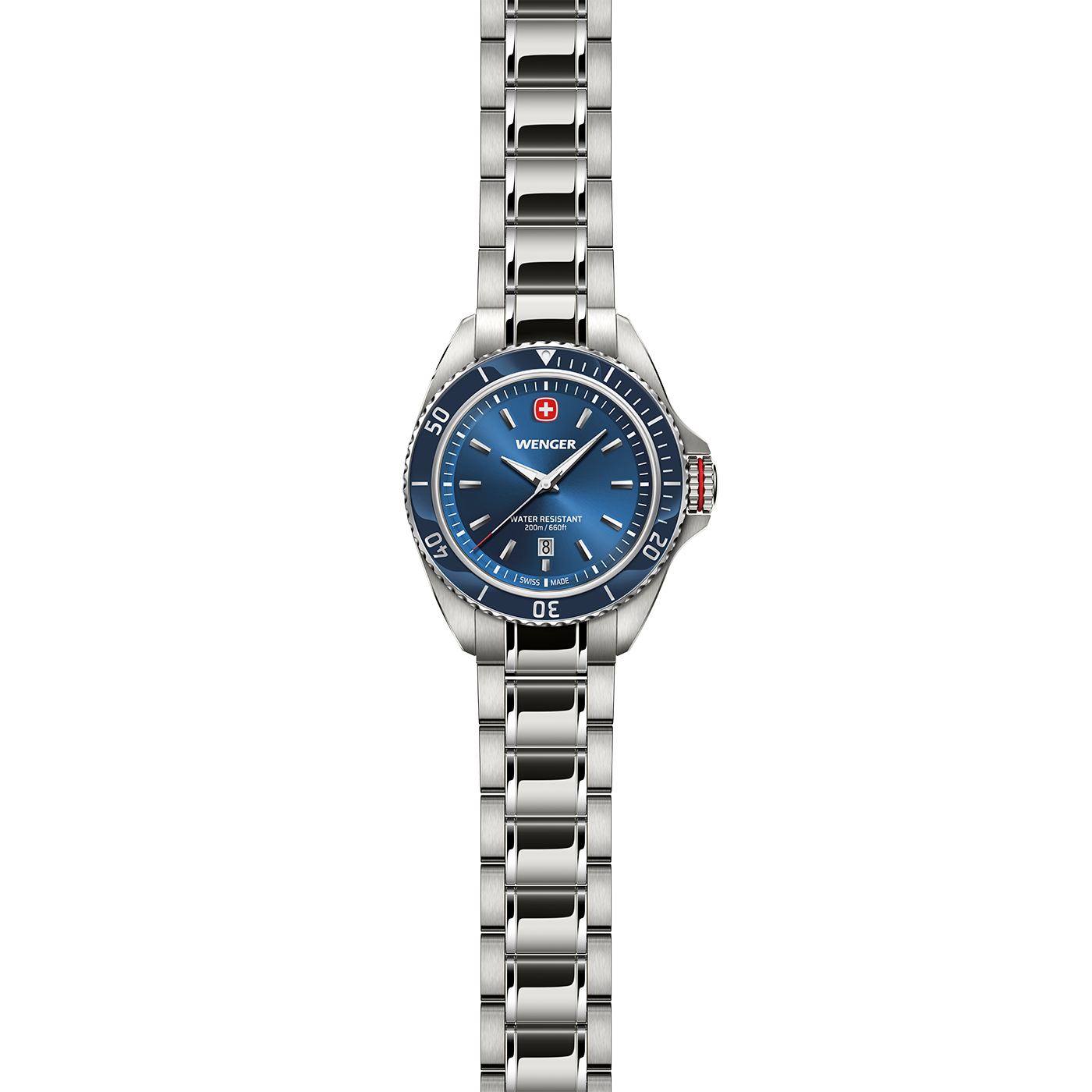 A beautiful silver Wenger diving watch with a blue dial and metal bracelet.