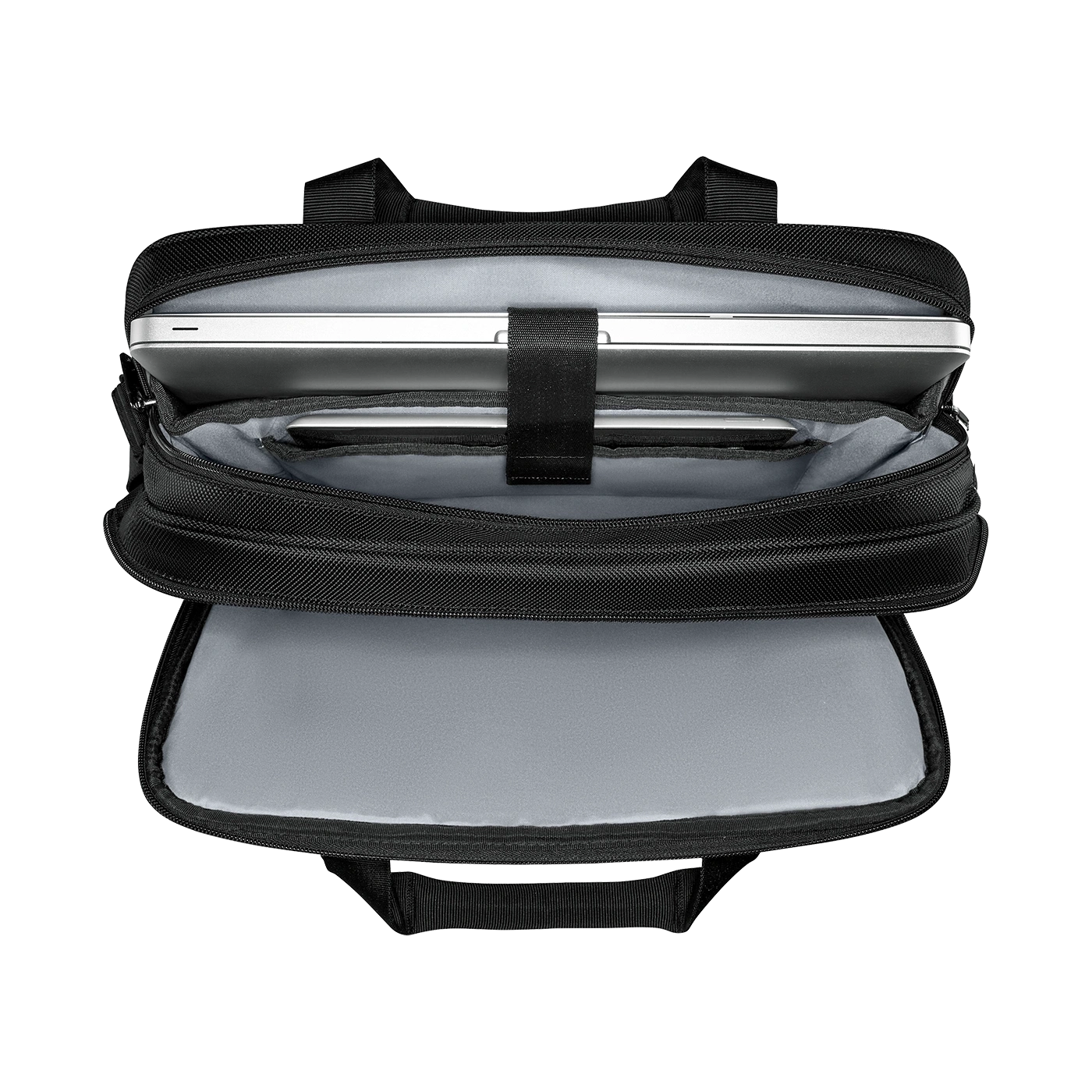 Black laptop bag, open, with laptop inside, and gray interior.