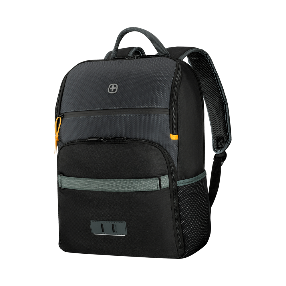 Black backpack with gray accent and yellow details isolated on black background.