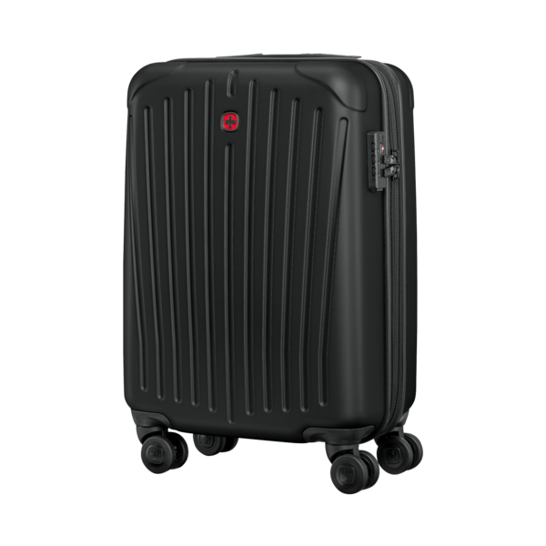 Black suitcase with wheels and lock isolated on white background, travel luggage