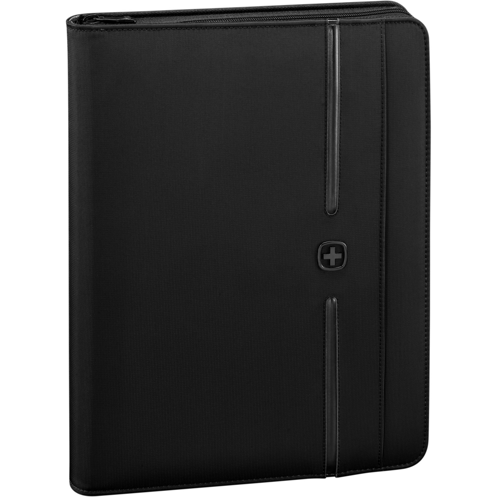 Black zippered portfolio with logo, close-up shot, business accessory