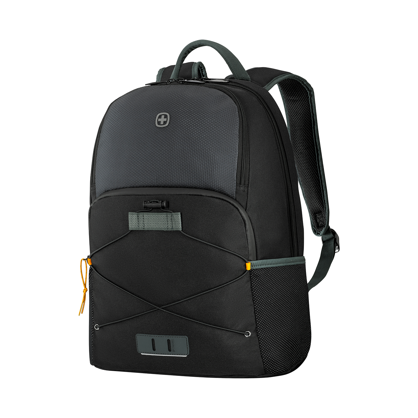 Black backpack with gray accents and yellow details, perfect for travel and everyday use.