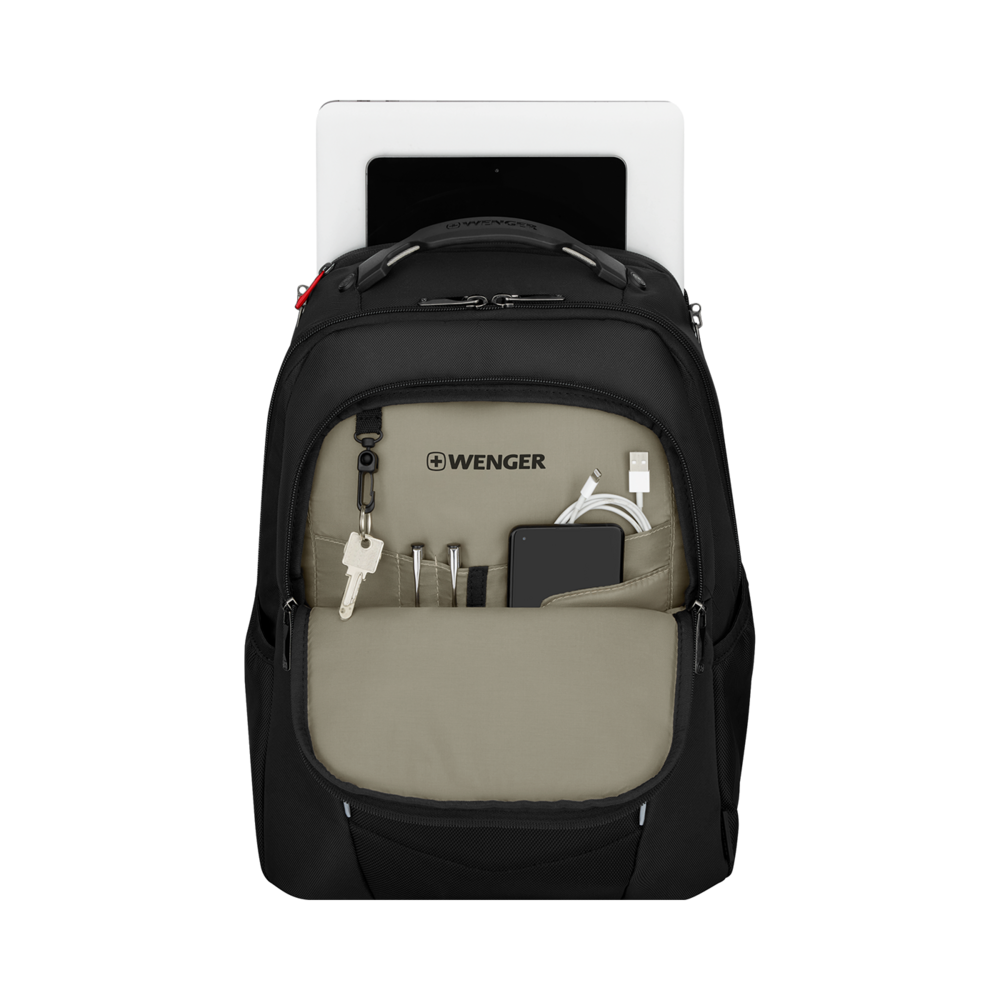 Black backpack with tablet and accessories, Wenger brand, on a black background.