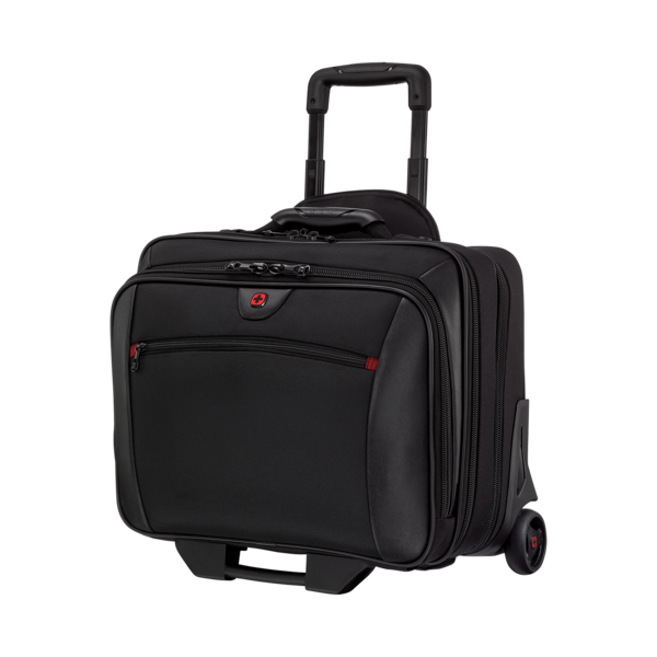 Black rolling suitcase with retractable handle and red accents, perfect for travel and business.