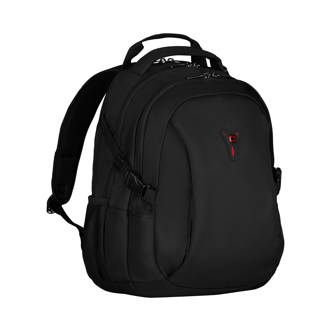Black backpack with red logo on black background, close-up shot of the bag