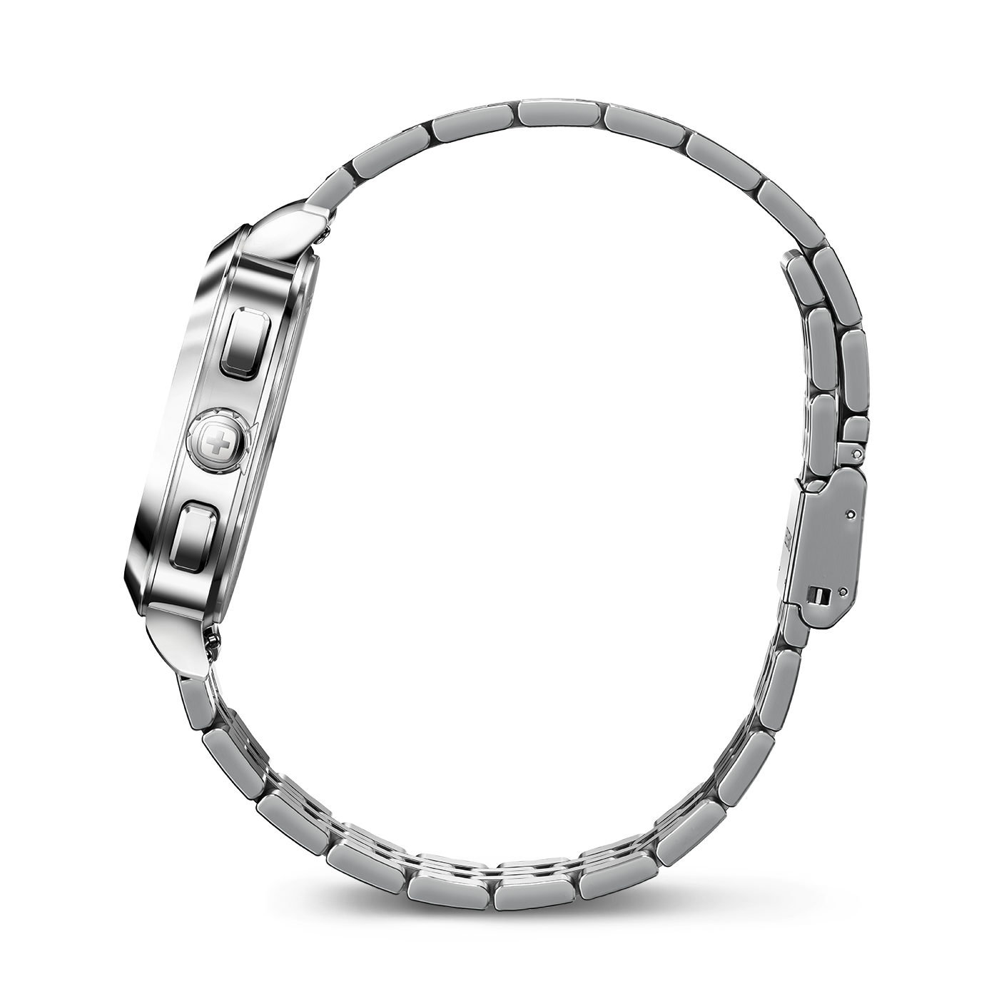 Silver watch with bracelet, side view, close-up, shiny, elegant, luxury accessory