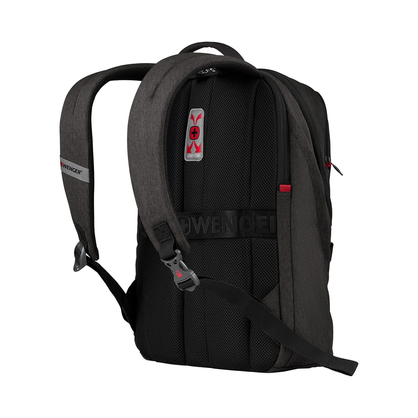 Black backpack with red accents and airflow system, by Wenger brand