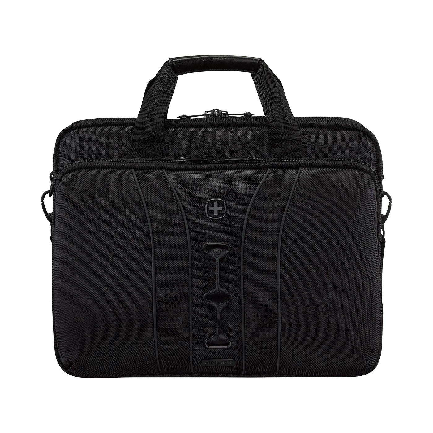 Black briefcase with handles and logo, perfect for carrying documents and essentials.