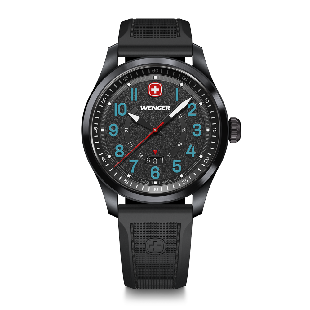 Black Wenger watch with blue-green numerals and red hands on a black background.