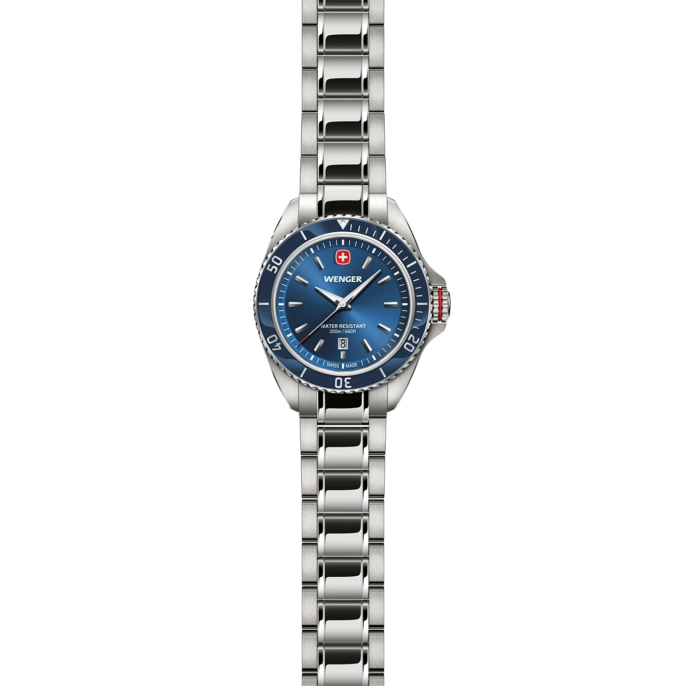 A beautiful silver Wenger diving watch with a blue dial and metal bracelet.