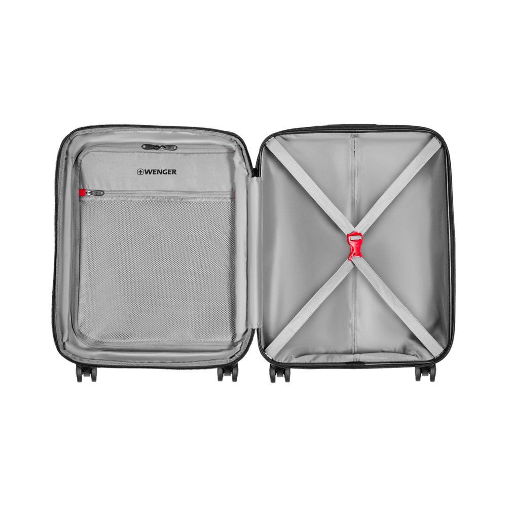 Open suitcase with gray interior and red clasp. Luggage with compartments.