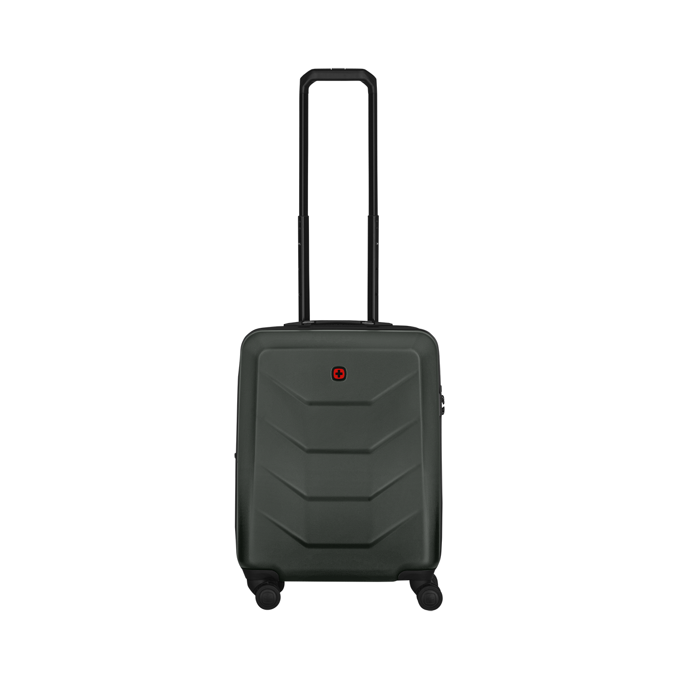 Dark green suitcase with red logo and retractable handle, wheels
