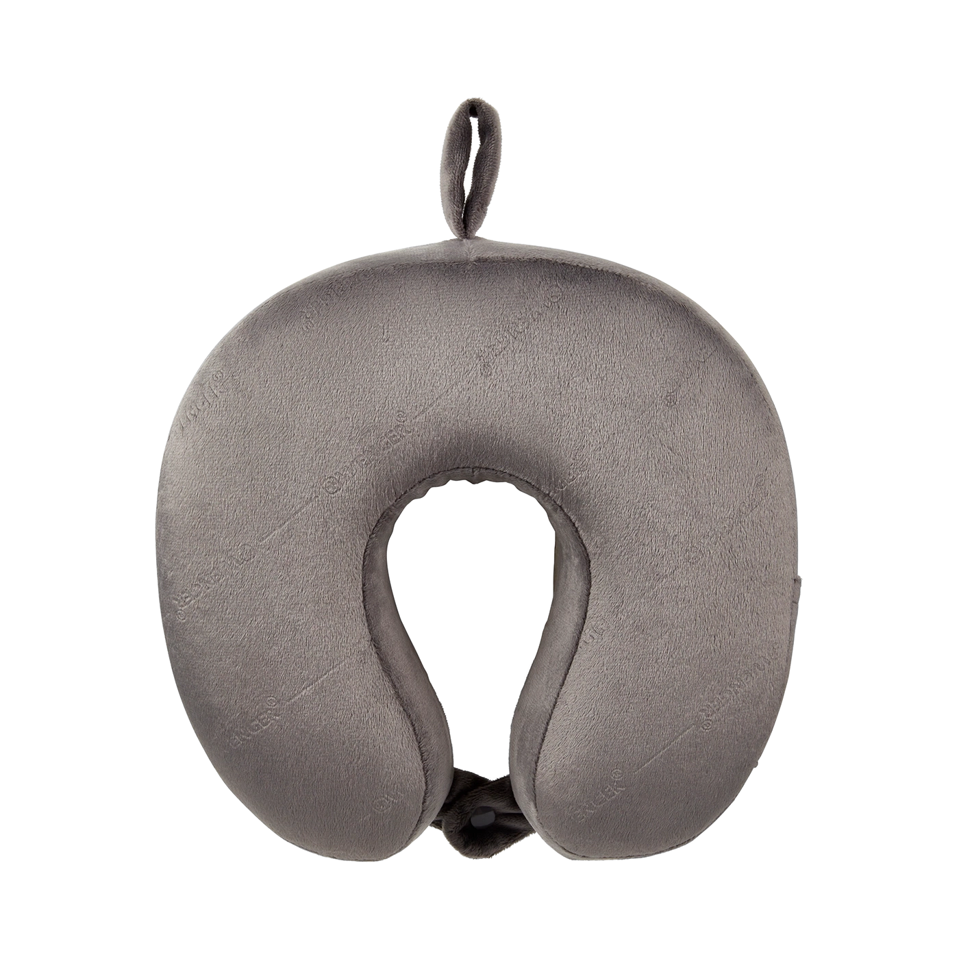 Gray neck pillow on black background with loop for travel comfort.