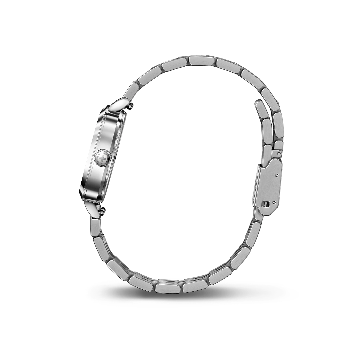 Silberne Armbanduhr mit Metallarmband, Seitenansicht, Detailaufnahme, isoliert