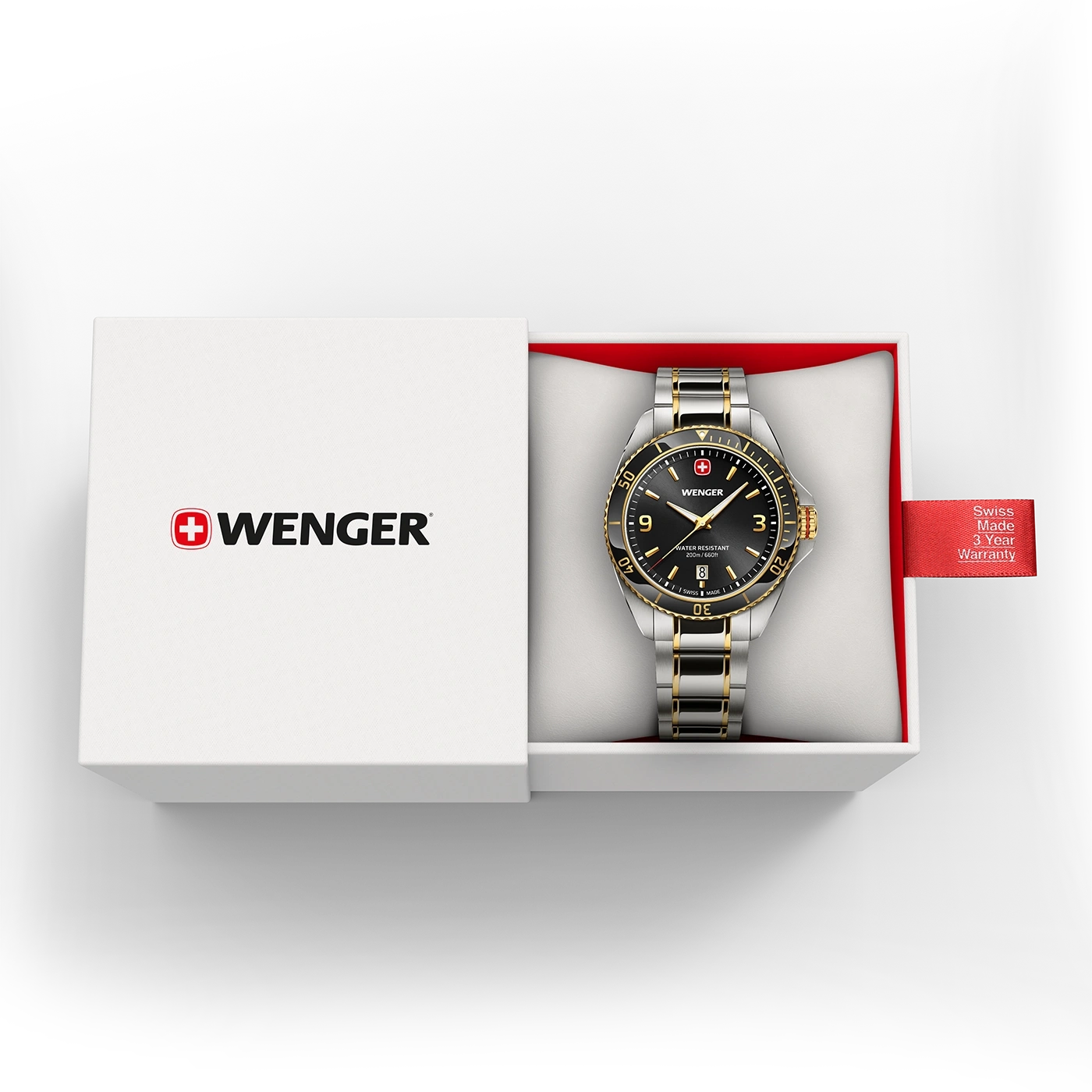 Wenger watch in box with warranty. Swiss made watch, black and gold design.