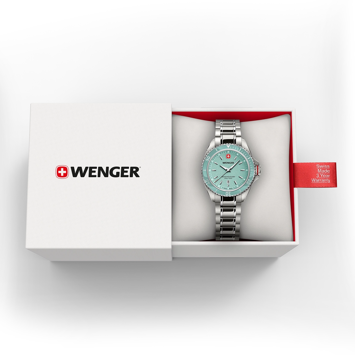 A light green Wenger wristwatch in a white gift box with a red warranty tag.