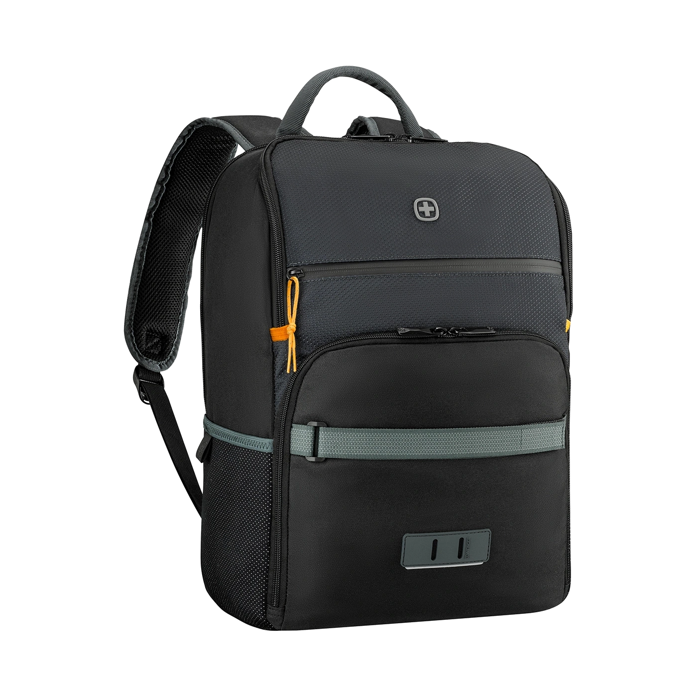 Black backpack with gray accents and orange details, featuring the Wenger logo.