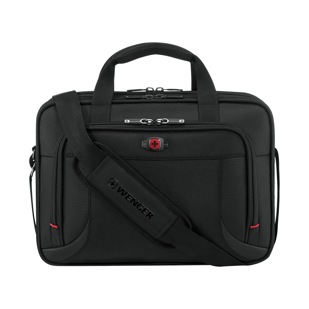 Black Wenger briefcase with shoulder strap and red accent details on the bag