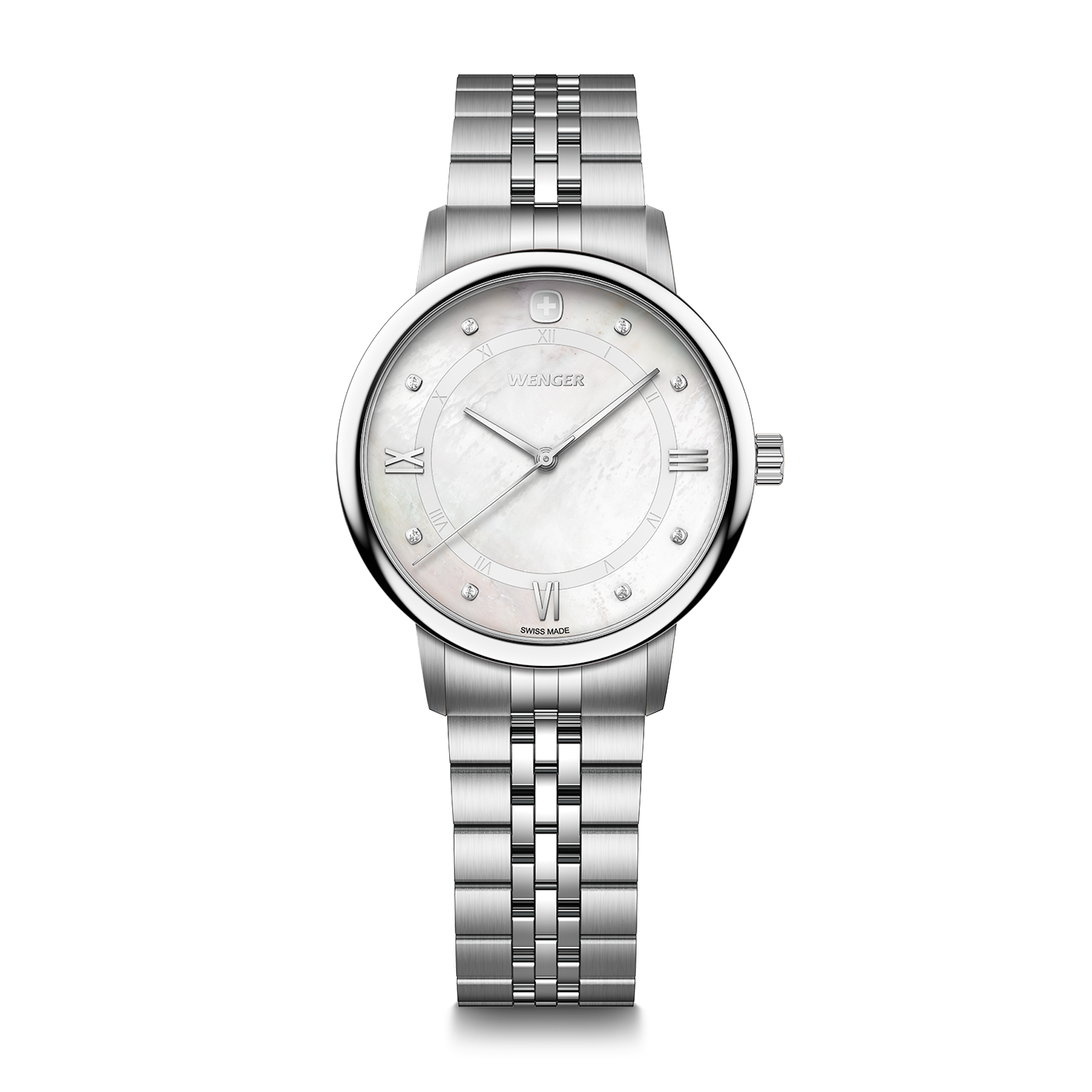 A silver Wenger ladies watch with a mother-of-pearl dial and Roman numerals.
