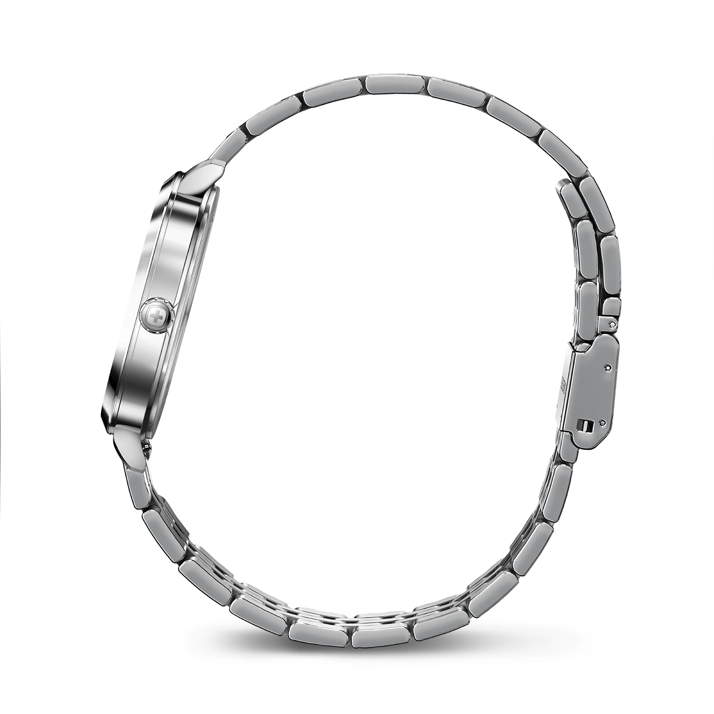 Silver watch with bracelet, side view, detail shot, elegant design, accessory, timepiece