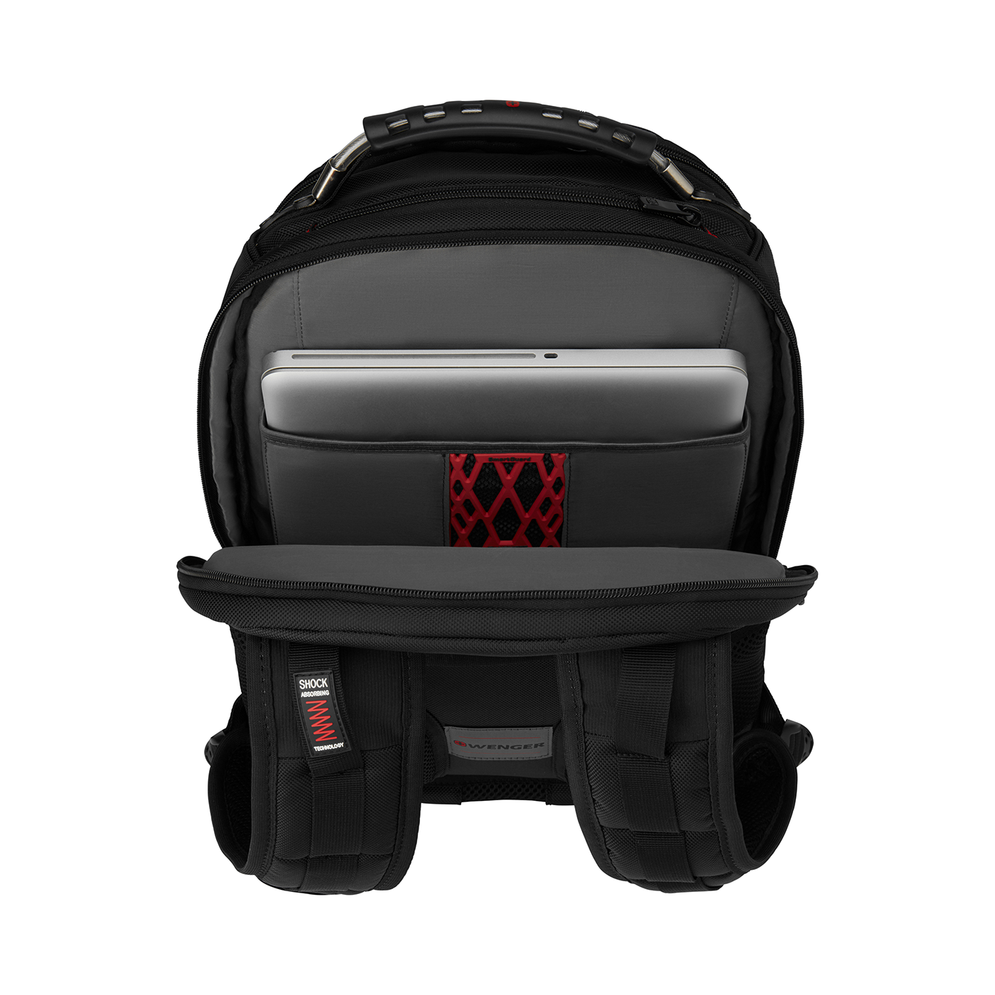 Black backpack with laptop inside, open, Wenger logo, Shock Absorbing technology