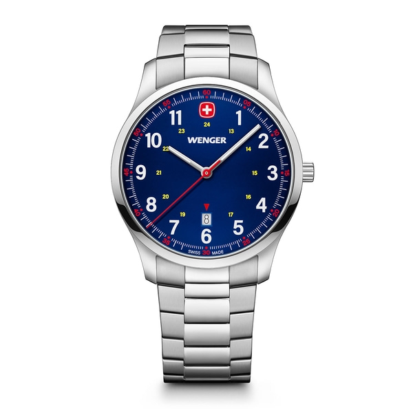 Wenger watch with blue face, red accents, and silver band. Swiss made.