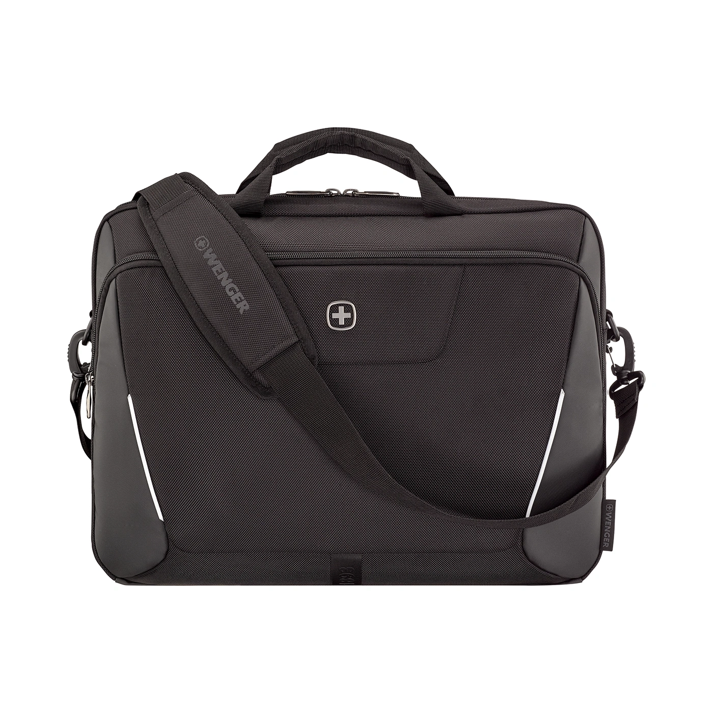 Black Wenger laptop bag with shoulder strap and logo, isolated on white background.