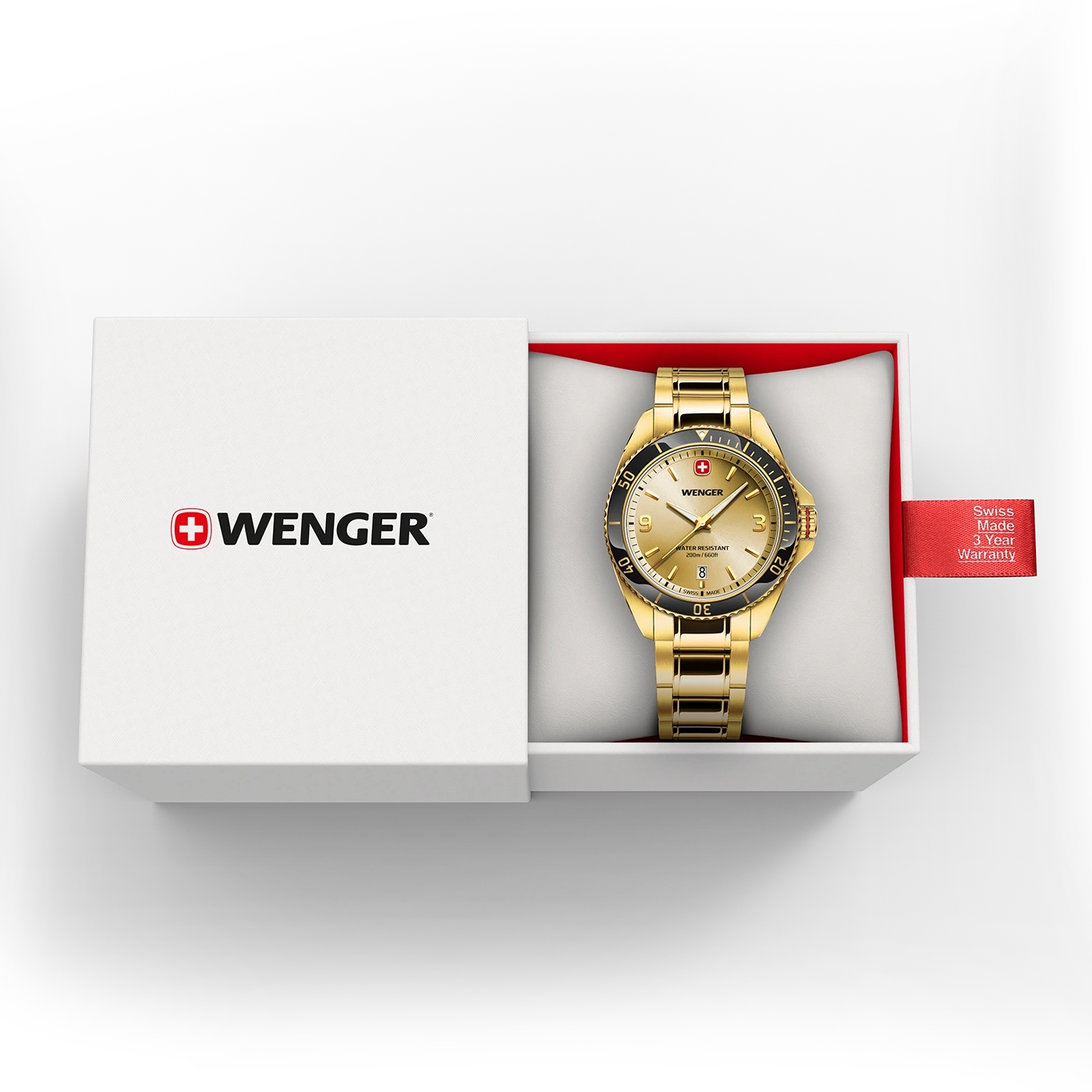 Gold Wenger watch in box with red tag and warranty information.