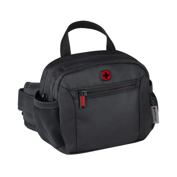 Black Wenger fanny pack with red cross and zippers, close-up shot on black background.