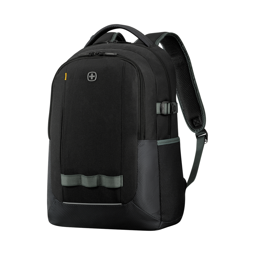 Black backpack with gray detail and logo on a black background