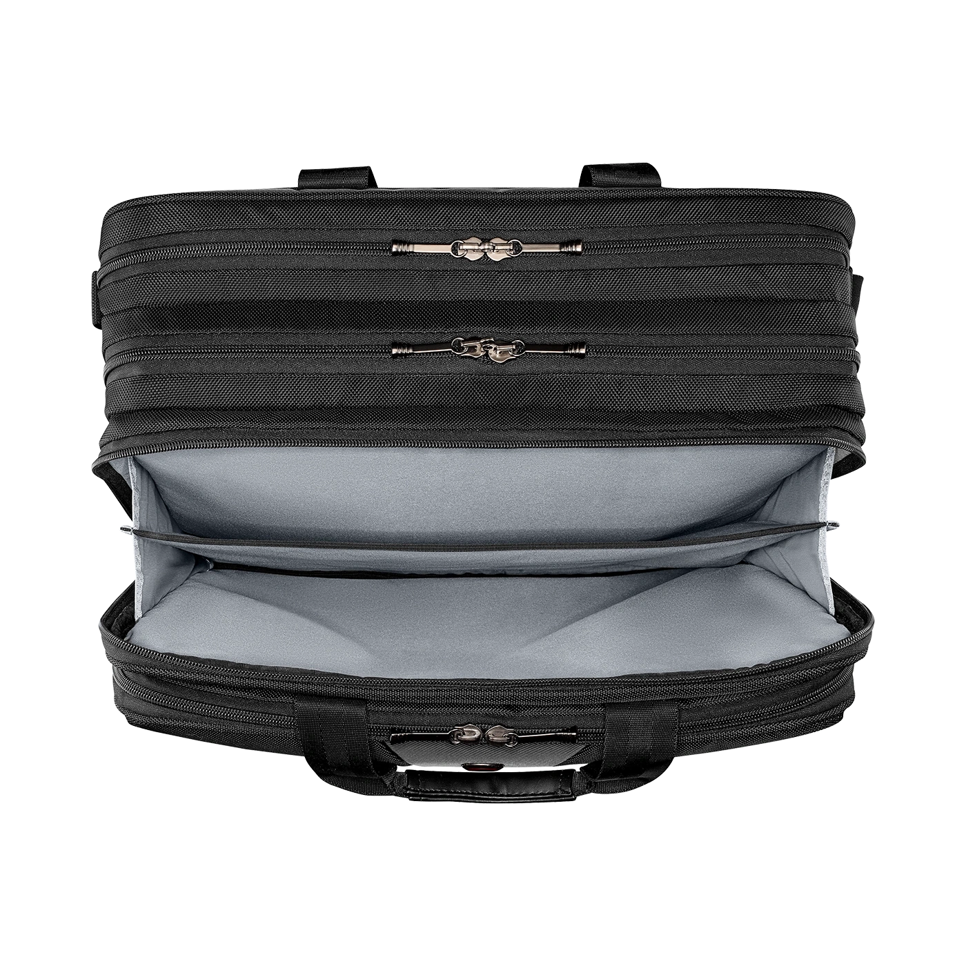 Black briefcase, open, with multiple compartments and zippers, top view.