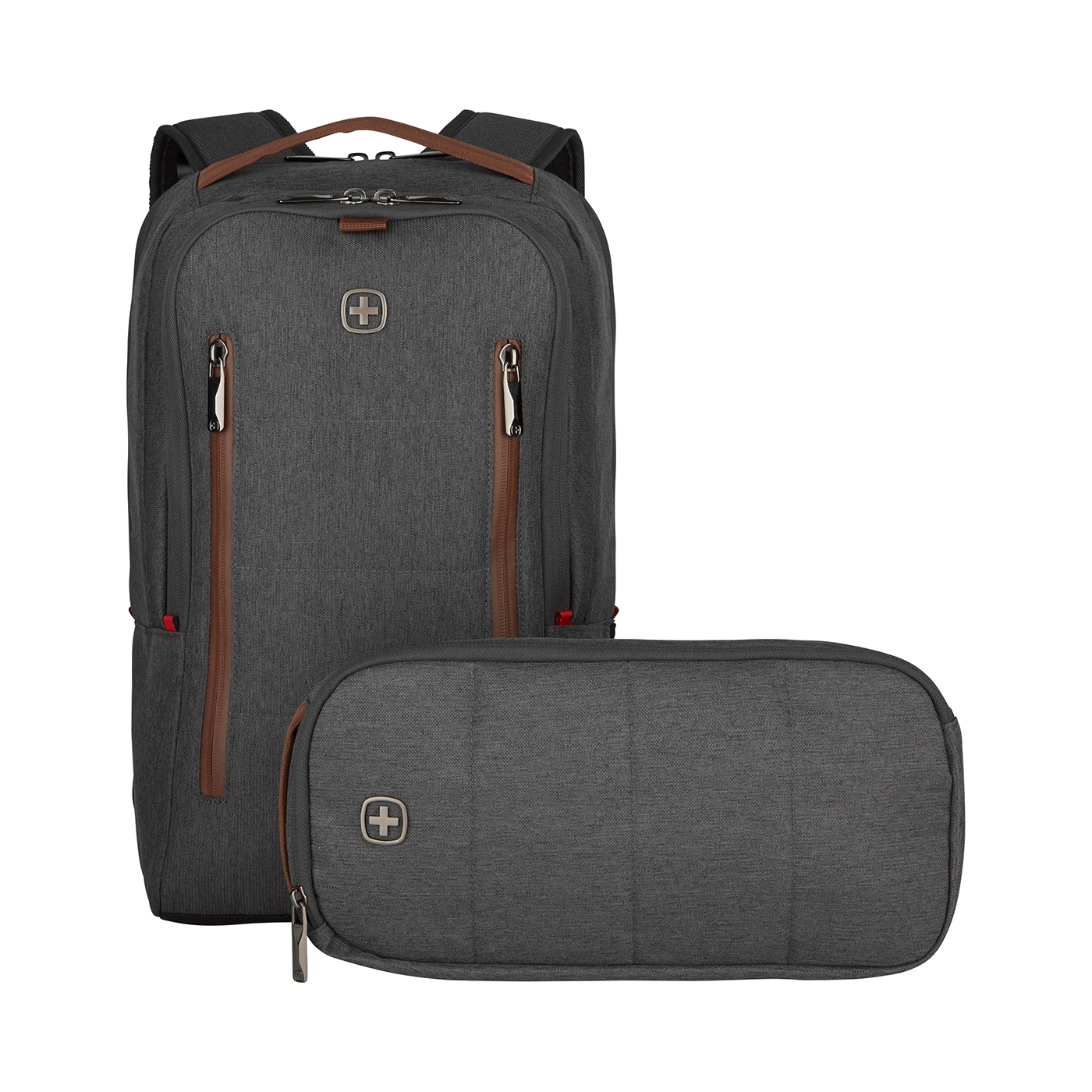 Gray backpack and pouch with brown accents and logo on a black background.