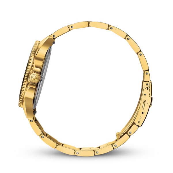 Gold watch with gold bracelet, side view, black background, close-up detail shot