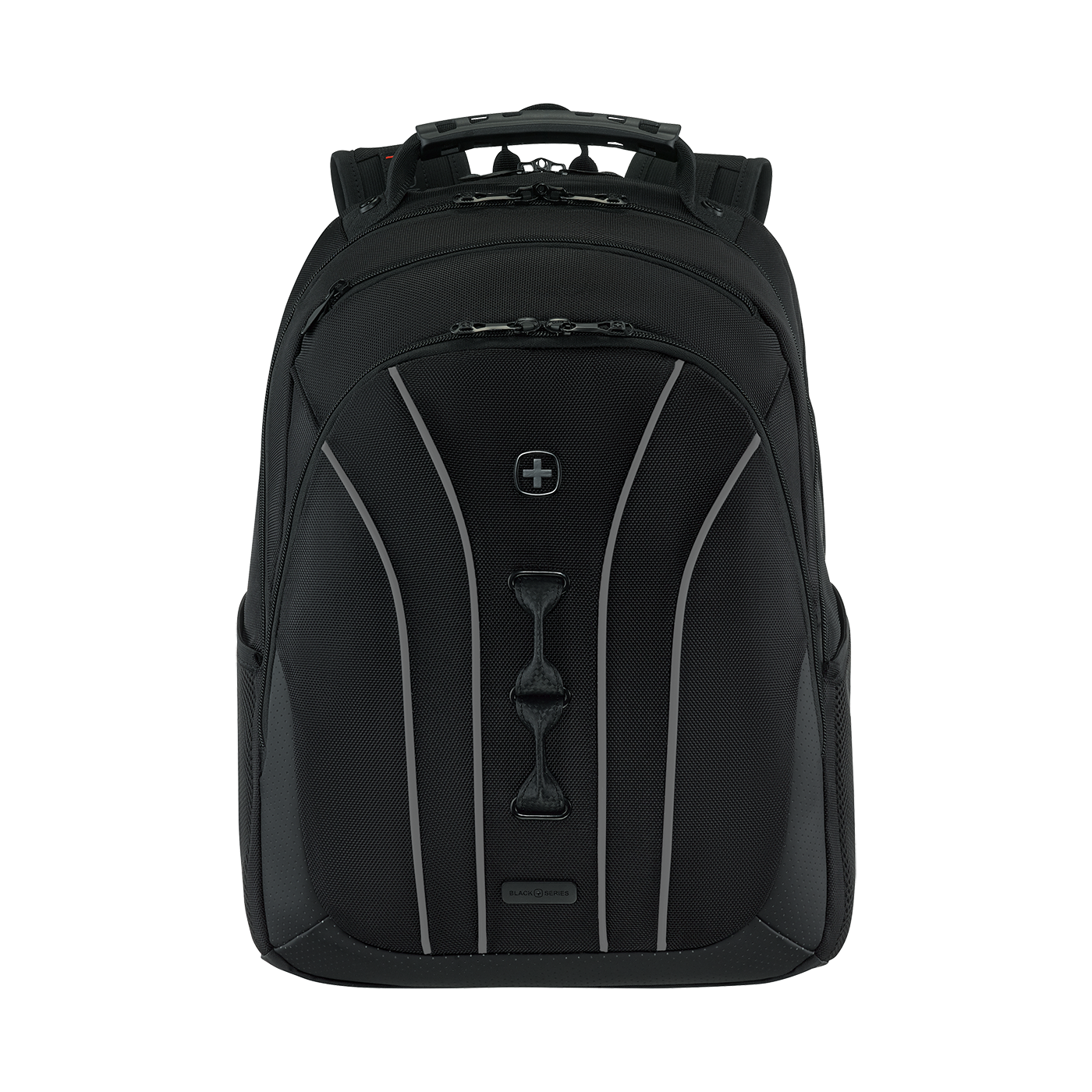 Black backpack with Swiss cross and reflective stripes, perfect for travel.