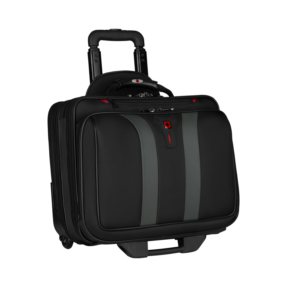 Black rolling suitcase with red accents, trolley design, suitable for business travel.