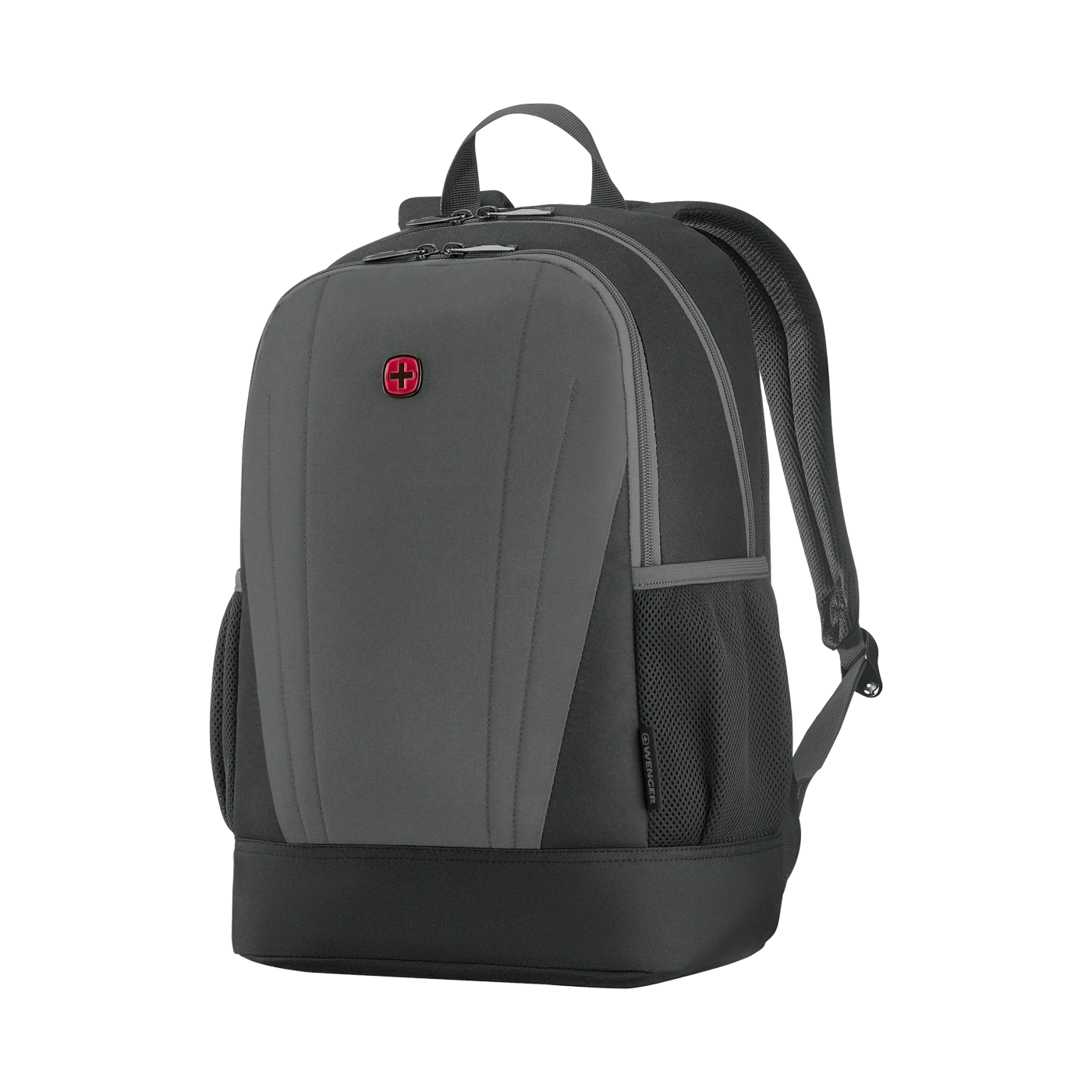 Gray backpack with red logo and black bottom, Wenger brand, side view.
