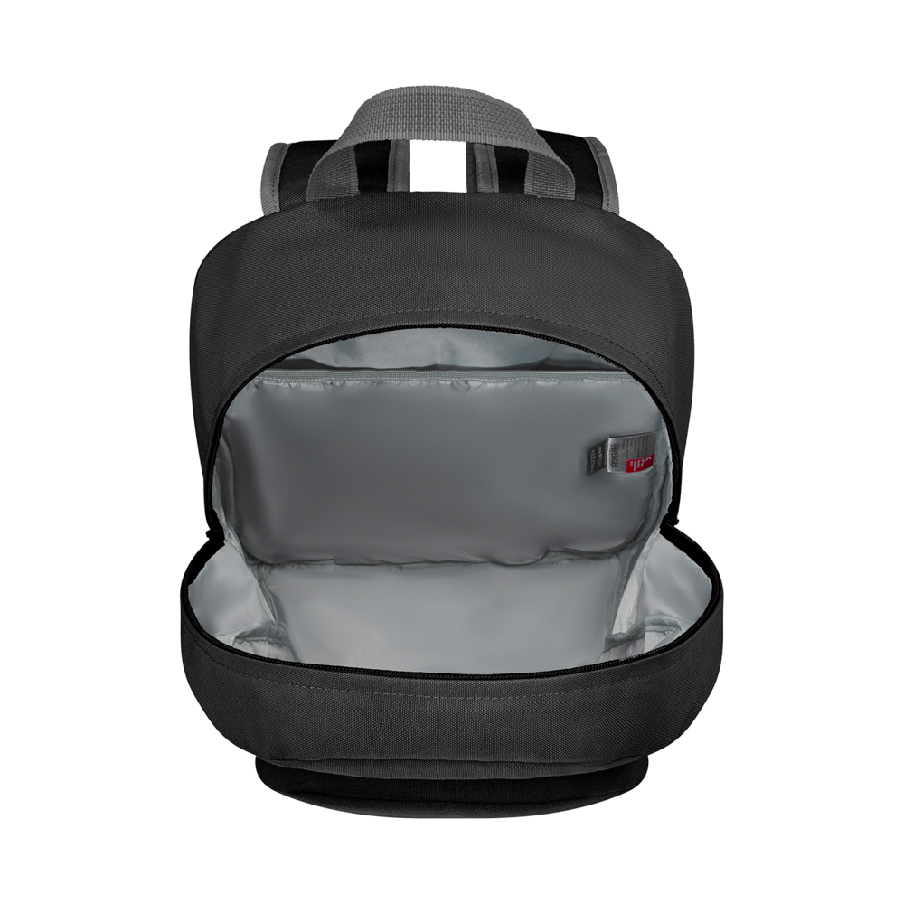 Black backpack, open, interior visible, with handle and straps, on black background