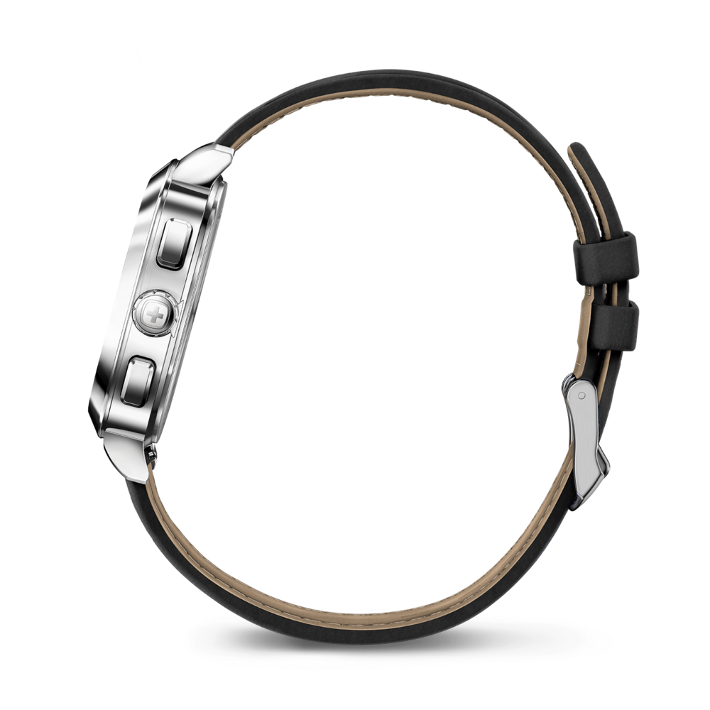 Watch with black leather strap, silver case, and side detail view of the watch