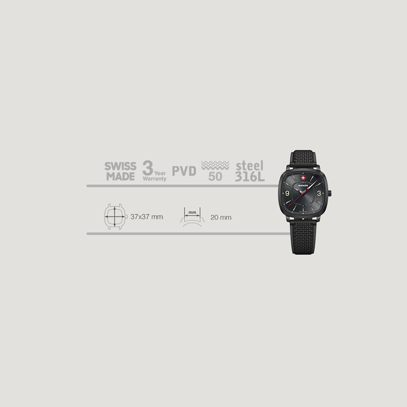 Wenger watch, Swiss Made, 3 year warranty, PVD, steel, 37x37mm, 20mm