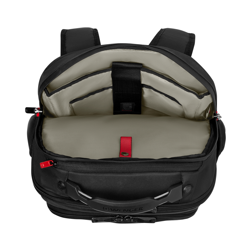 Black backpack with open zipper, interior compartments, and red accent details
