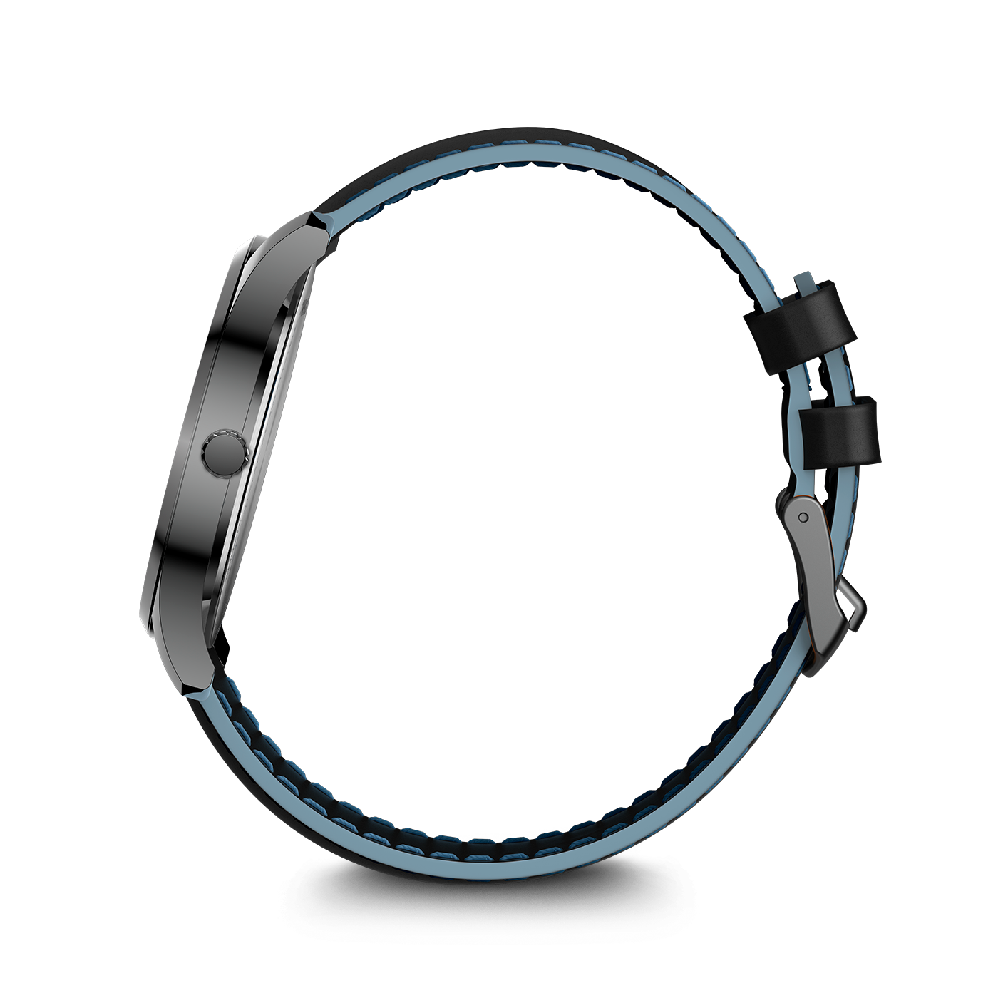 A stylish dark watch band with light blue accents.