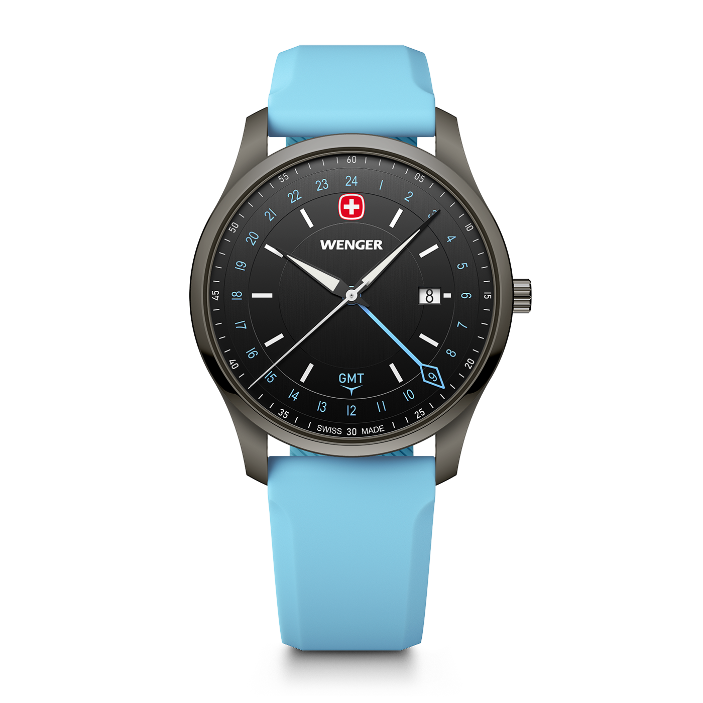 A light blue Wenger watch with a black dial and GMT function.