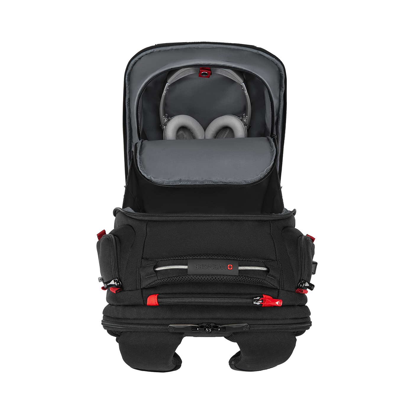 Black backpack with headphones, open, on black background, Wenger brand.