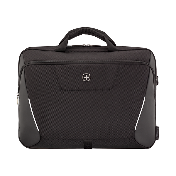 Black laptop bag with handle and logo, Wenger brand, isolated on white background.