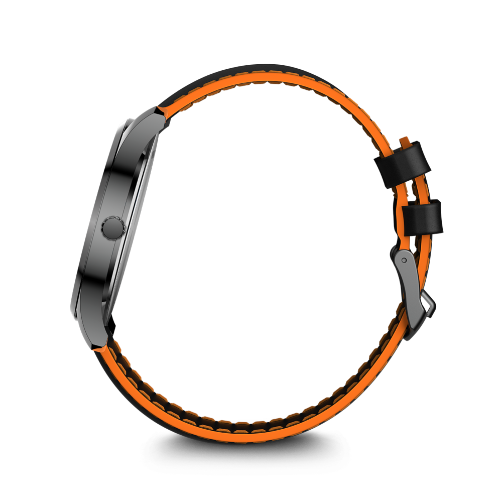 A wristwatch with a black and orange strap and a silver case.