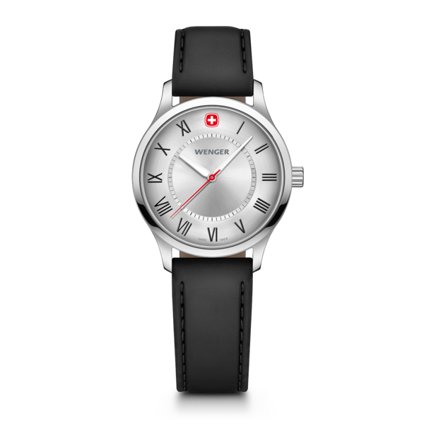 Wenger women's watch with black leather strap and silver dial