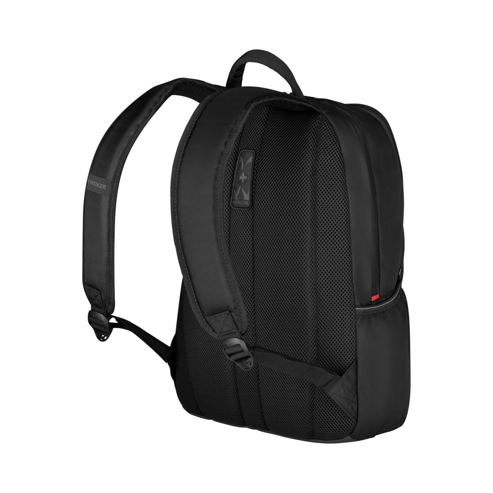 Black backpack with Airflow system, Wenger brand, detail view, isolated on black background