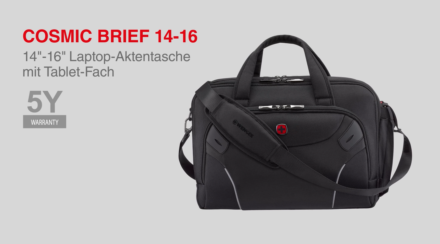 Black laptop bag with 5-year warranty and tablet compartment by Wenger.
